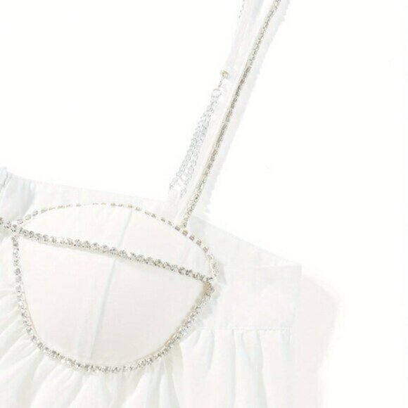 White Casual Women's Spaghetti Strap Rhinestone Cutout Mini A-Line Dress - Picture 10 of 10